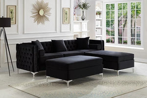 Emma Collection-Velvet Reversible Sofa Sectional With Deep Tufting and nail head - Furniture Depot