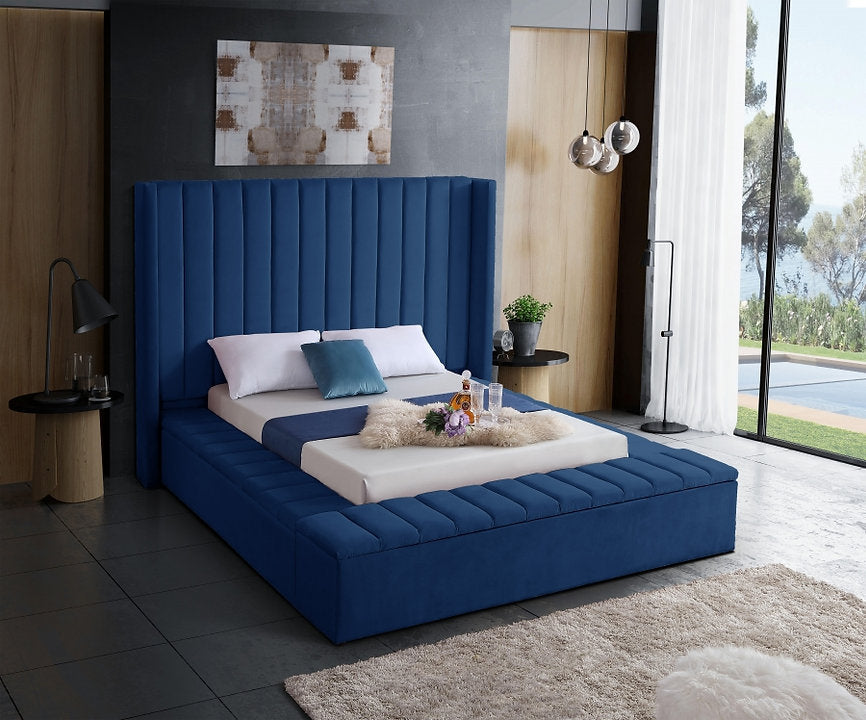 Marcie Blue Velvet Platform Bed w/ Benches (Queen/King) - Furniture Depot