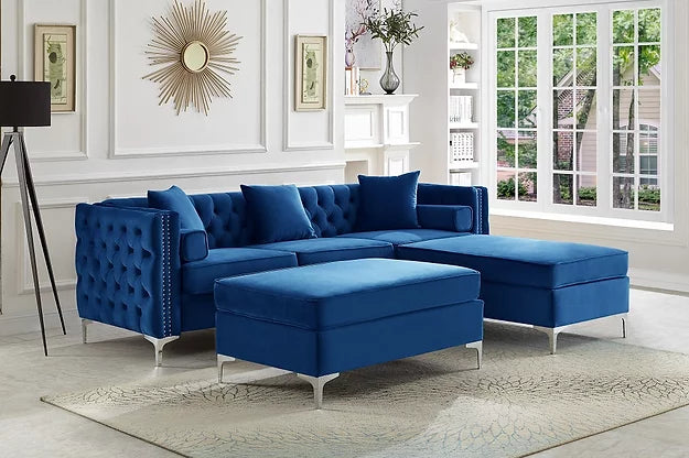 Emma Collection-Velvet Reversible Sofa Sectional With Deep Tufting and nail head - Furniture Depot