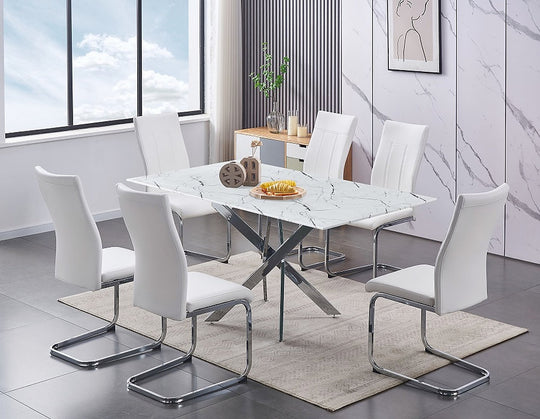 Marvin (1442) 7pcs White Marble Glass Dining Set w/ PU Chairs - Furniture Depot