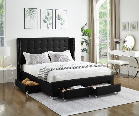 5329 Victory Black Linen Platform Bed w/ Storage Drawers (Queen/King) - Furniture Depot