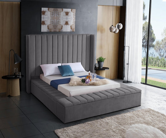 Marcie Grey Velvet Platform Bed w/ Benches (Queen/King) - Furniture Depot