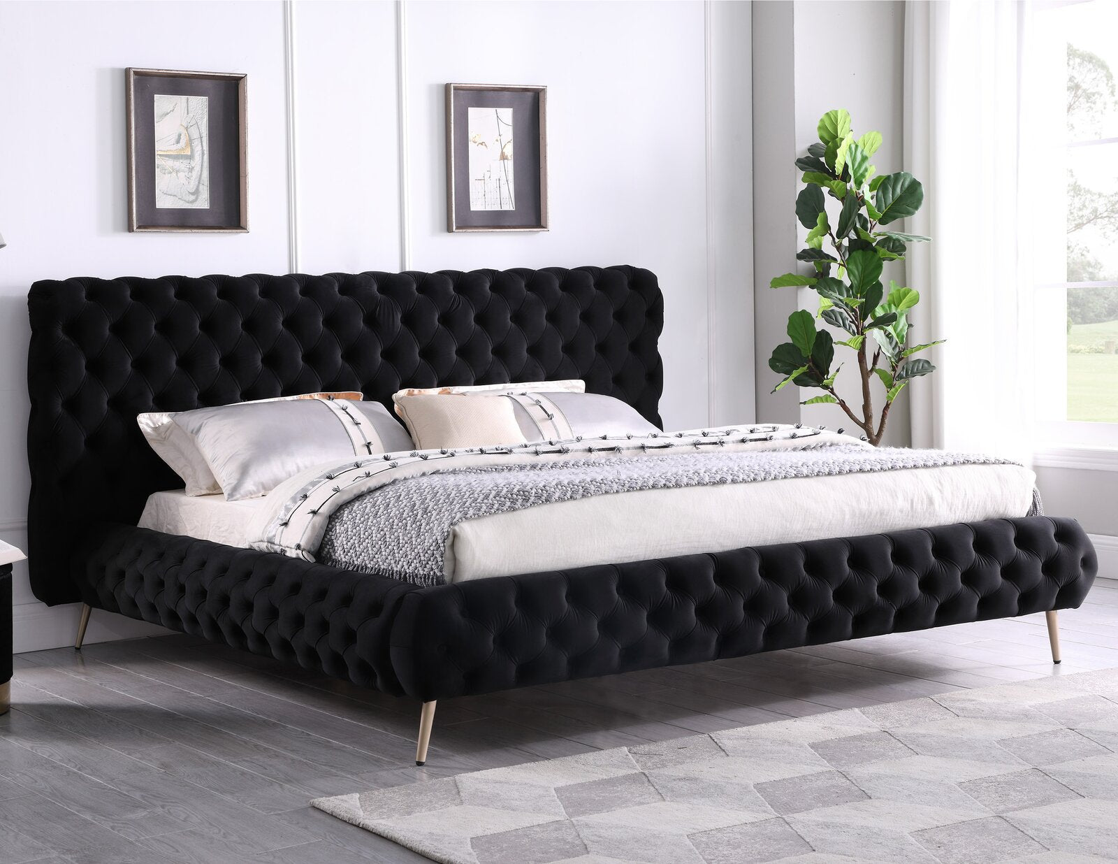 5866 Tufted Design Bed Features Velvet Black - Furniture Depot