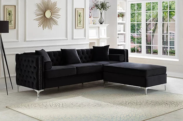 Emma Collection-Velvet Reversible Sofa Sectional With Deep Tufting and nail head - Furniture Depot