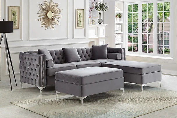 Emma Collection-Velvet Reversible Sofa Sectional With Deep Tufting and nail head - Furniture Depot