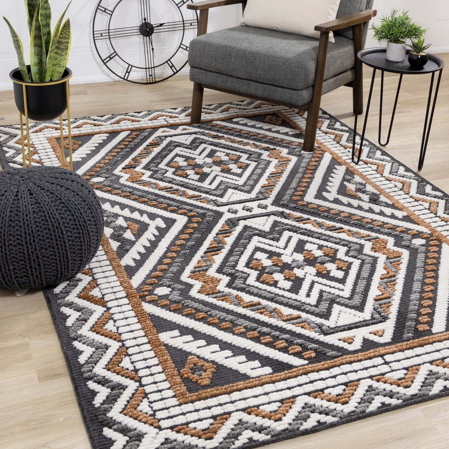 Lawson Grey Cream Orange Double Medallion Contemporary Rug - Furniture Depot