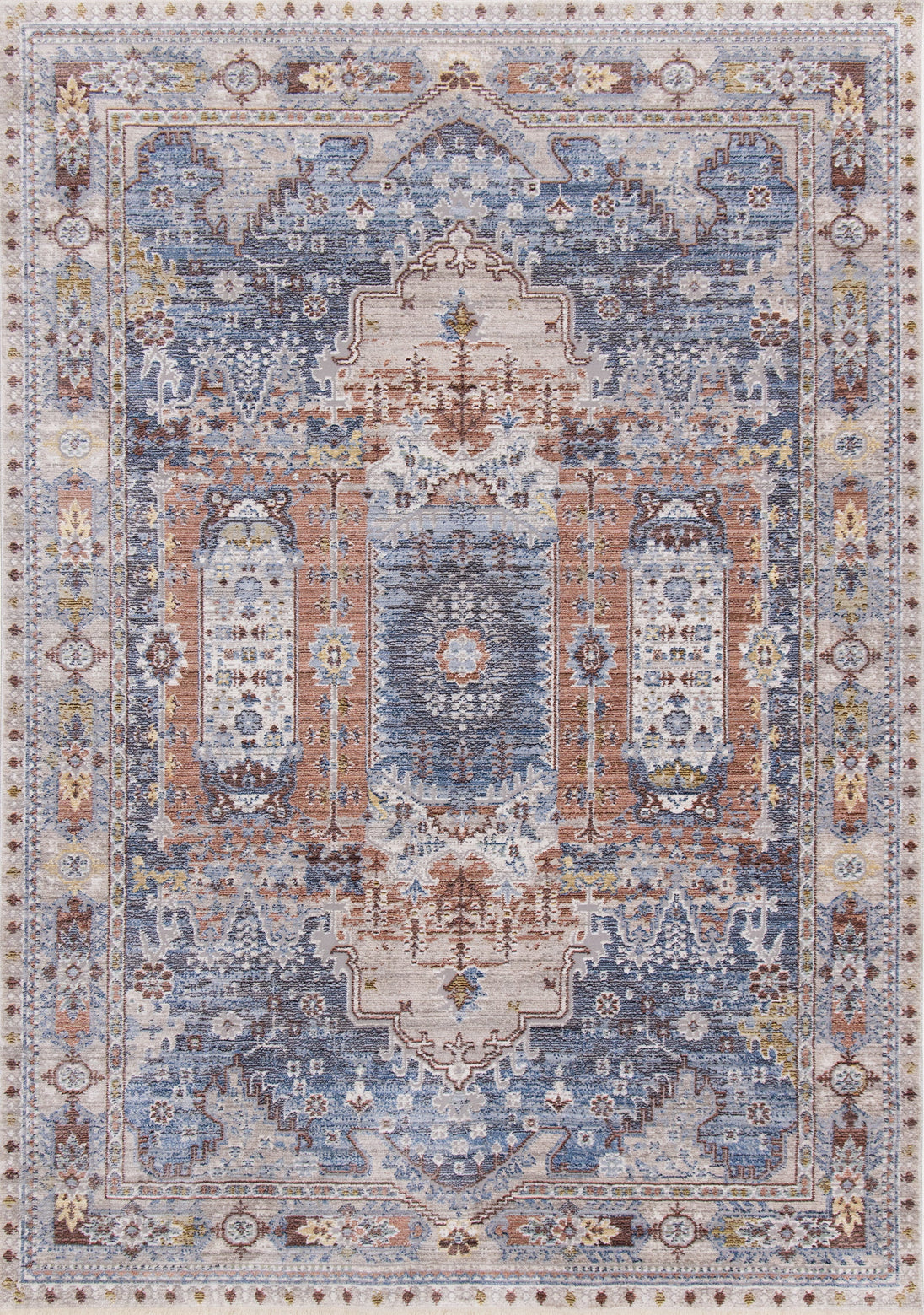 Monaco Grey Blue Orange Elaborate Border Rug - Furniture Depot