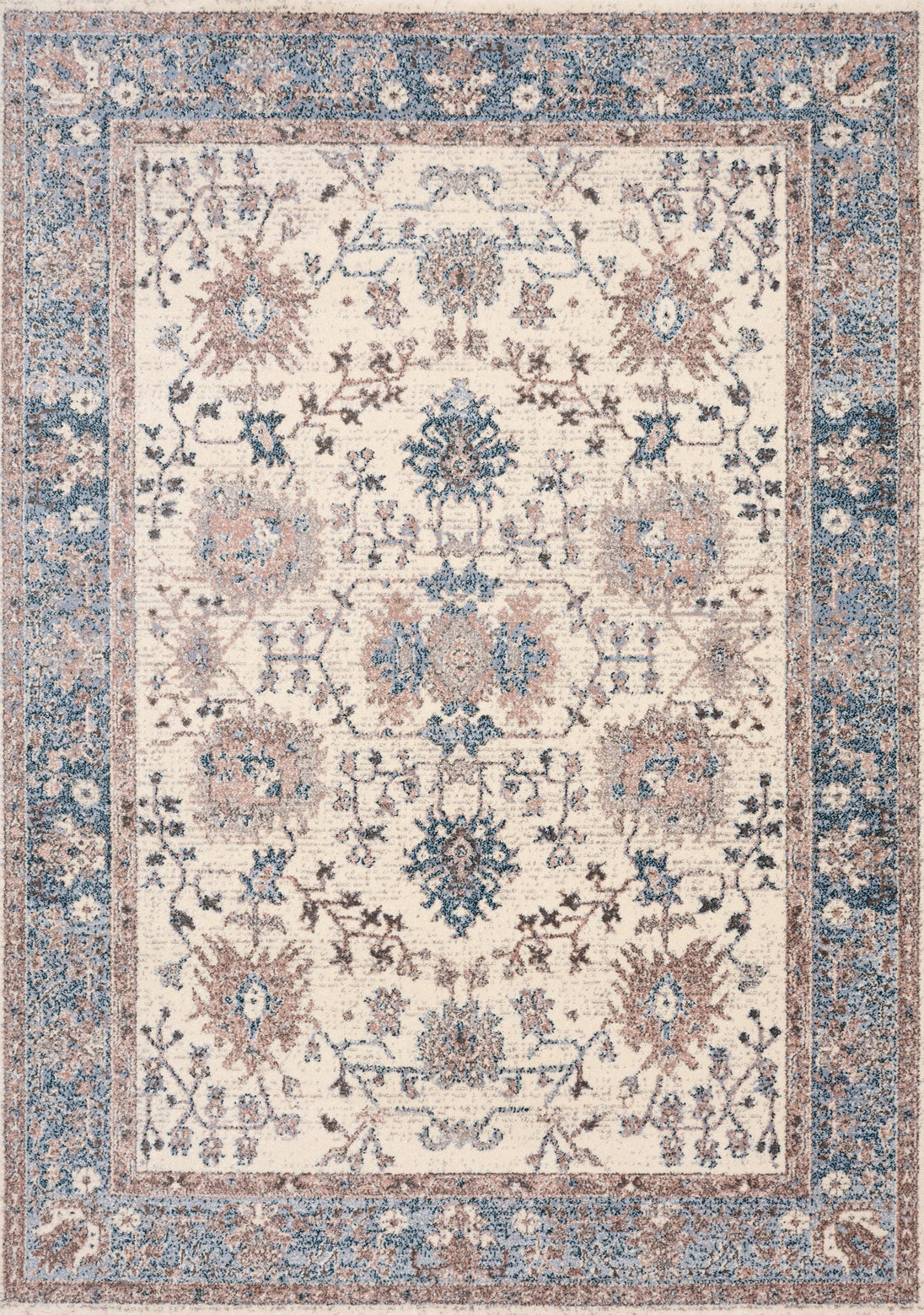 Safi Cream Pink Blue Faded Floral Border Rug - Furniture Depot