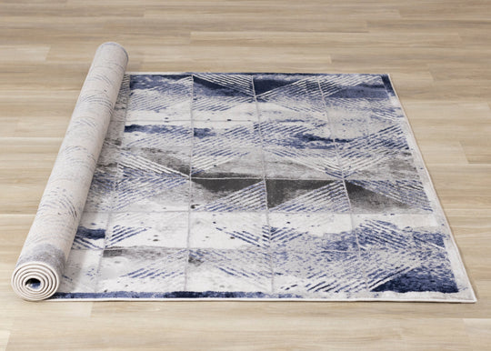 Chorus Grey Blue White Distressed Triangle Grid Rug - Furniture Depot