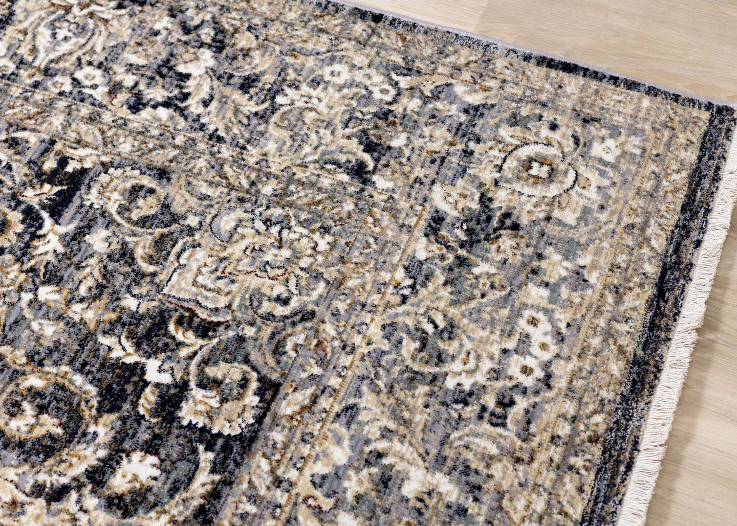 Serene Grey Beige Floral Medallion Border Rug - Furniture Depot