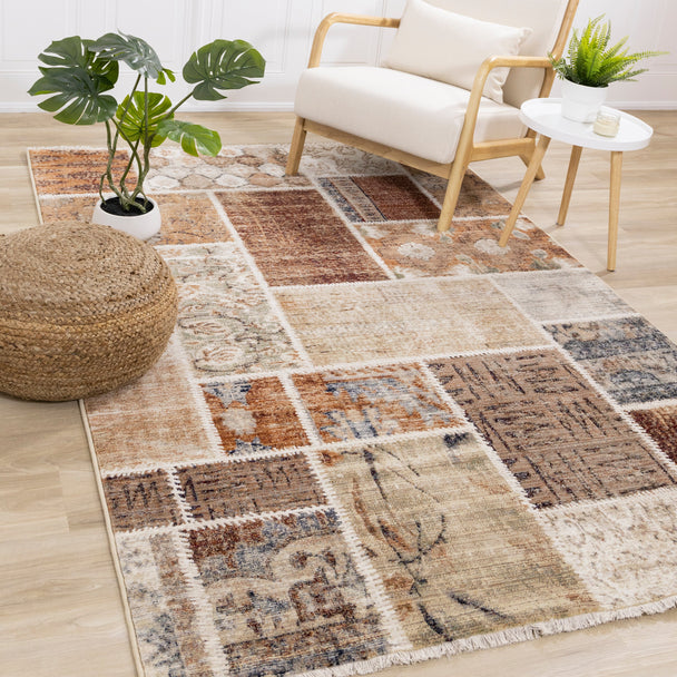 Samira Beige Orange Cream Patchwork Quilt Design Rug - Furniture Depot