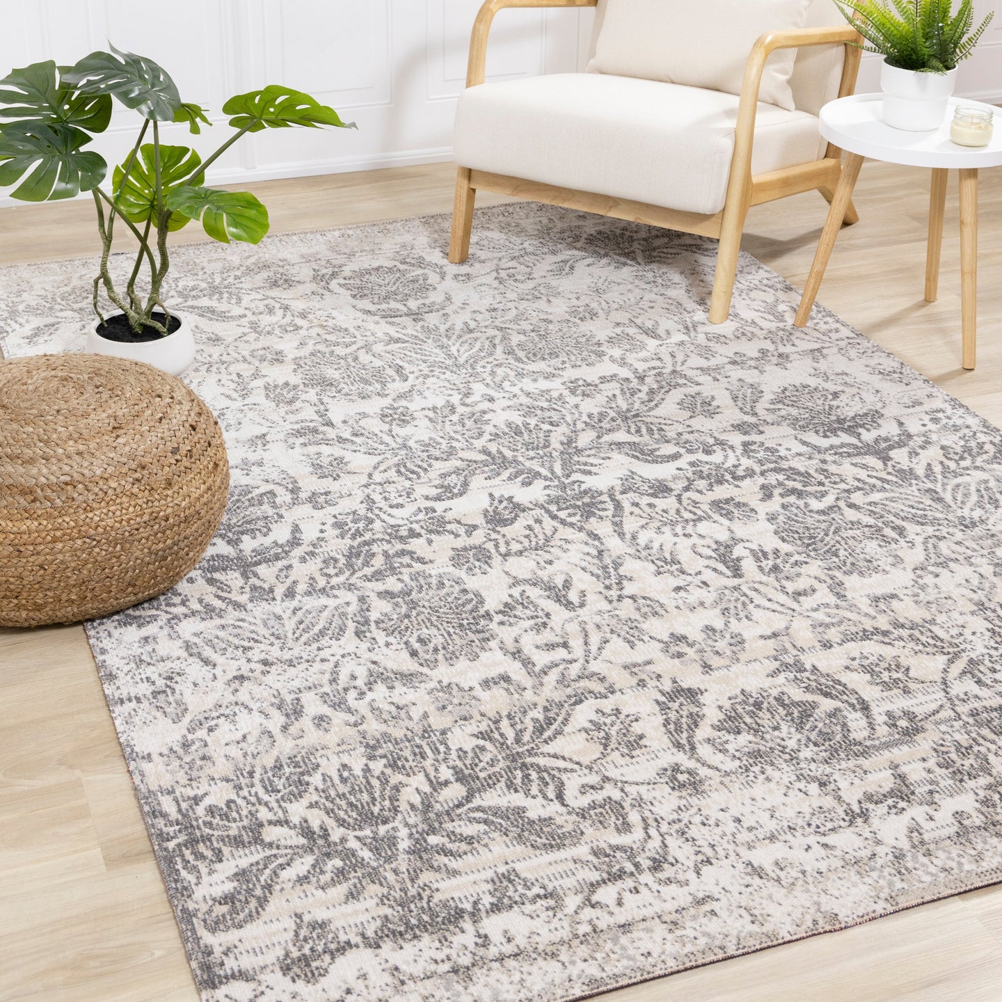 Sara Cream Grey Floral Print Transitional Rug - Furniture Depot