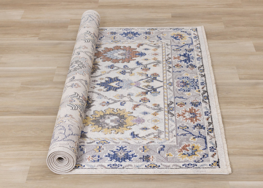 Evora Cream Pink Blue Yellow Floral Vine Border Rug - Furniture Depot