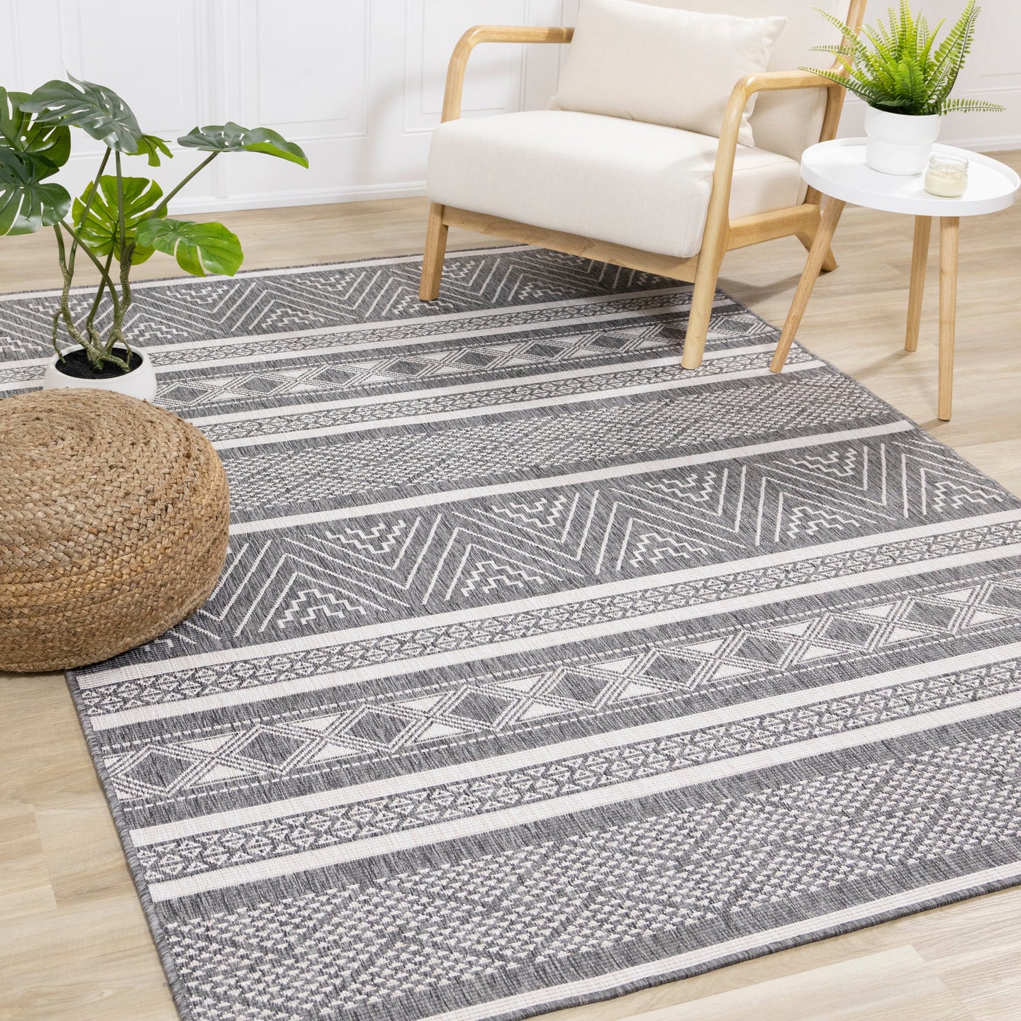 Bristol Reversible Grey White Striped Pattern Outdoor Rug - Furniture Depot