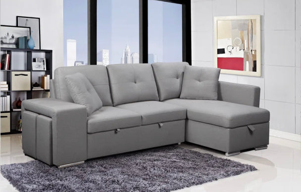 GEORGE FABRIC LOVESEAT W/PULL OUT BED, 2 OTTOMAN & WITH FABRIC CHAISE STORAGE IN GREY - Furniture Depot