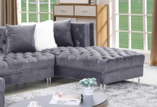 Reginald Double Chaise Grey Velvet Tufted Sectional - Furniture Depot