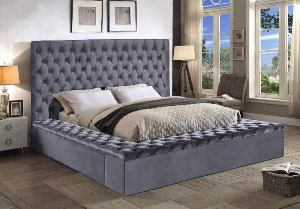 Tiffany Triple Storage Velvet Bed Grey - Furniture Depot