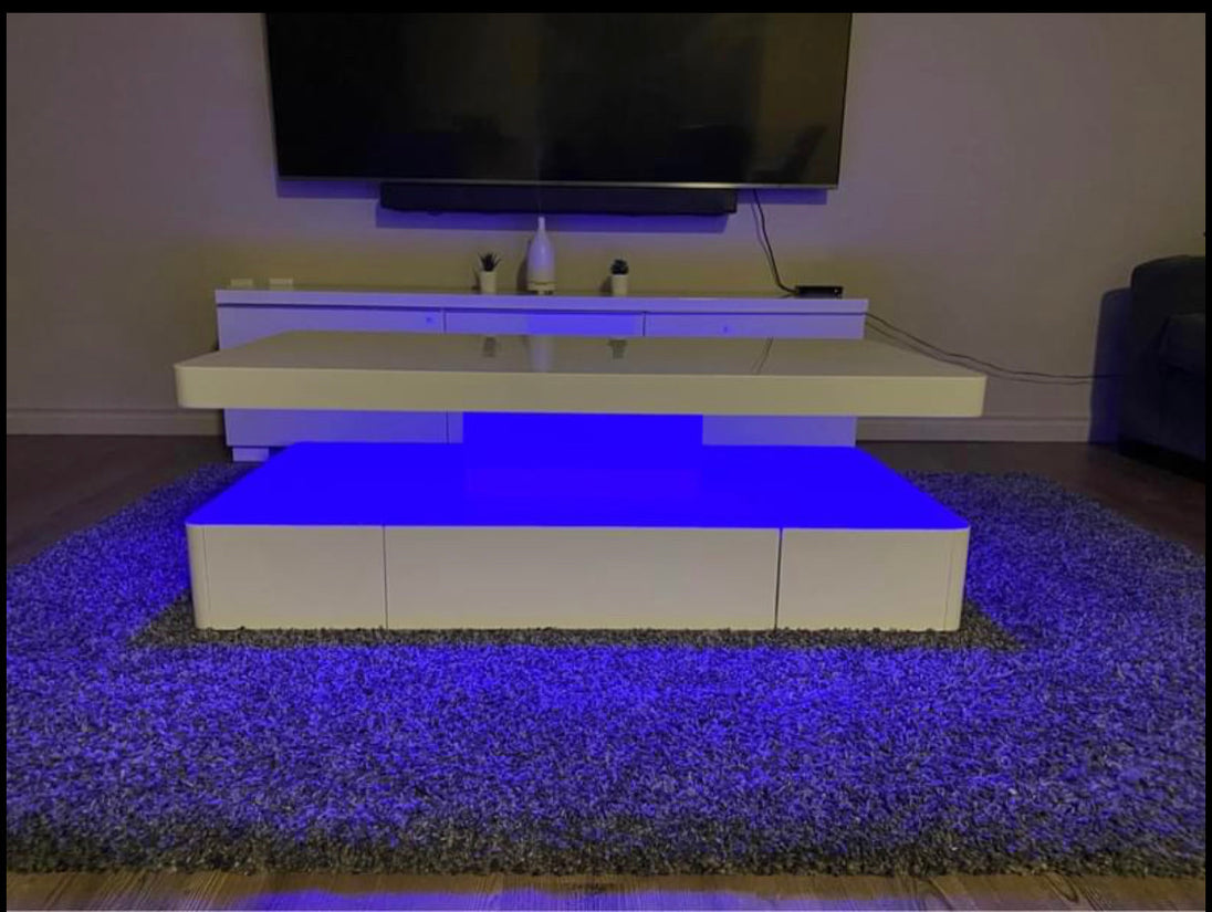 Cecilia White High Gloss Lacquer Coffee Table with LED light and Storage Drawer - Furniture Depot