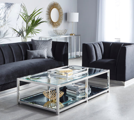 Caspian Rectnagular Coffee Table Stainless Steel frame, glass & mirror tops - Furniture Depot