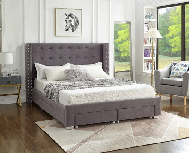 Victory 5320 Grey Velvet Platform Bed w/ Storage Drawers (Queen/King) - Furniture Depot