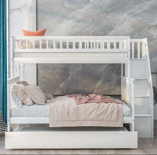 LoLo Off-White Bunk Bed w/ Storage Stairs & Pull-Out Trundle - Furniture Depot (7906326774008)