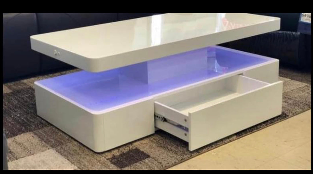 Cecilia White High Gloss Lacquer Coffee Table with LED light and Storage Drawer - Furniture Depot