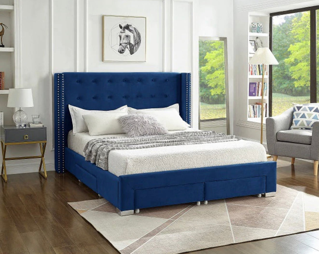 5321 Victory Blue Velvet Platform Bed w/ Storage Drawers (Queen/King) - Furniture Depot