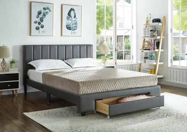 5481 Grey PU Platform Bed w/ Storage Drawer - Furniture Depot