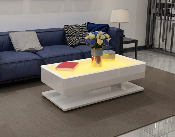 Emily White High Gloss Lacquer Coffee Table with LED light and Storage Drawer - Furniture Depot