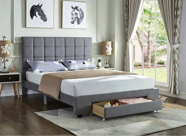 5493 Grey Fabric Platform Bed w/ Storage Drawer - Furniture Depot