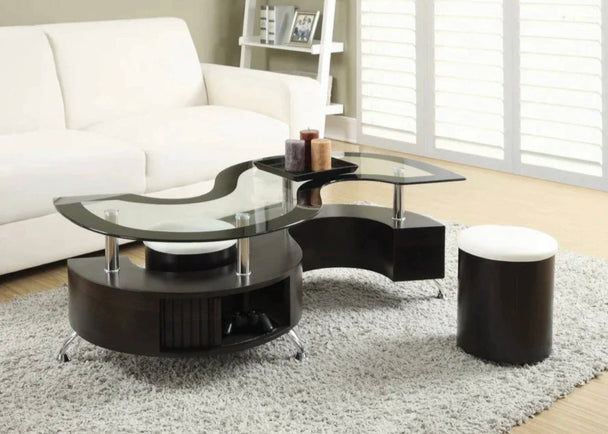 S-Shape Glass Coffee Table w/ Espresso Stools 2050 - Furniture Depot