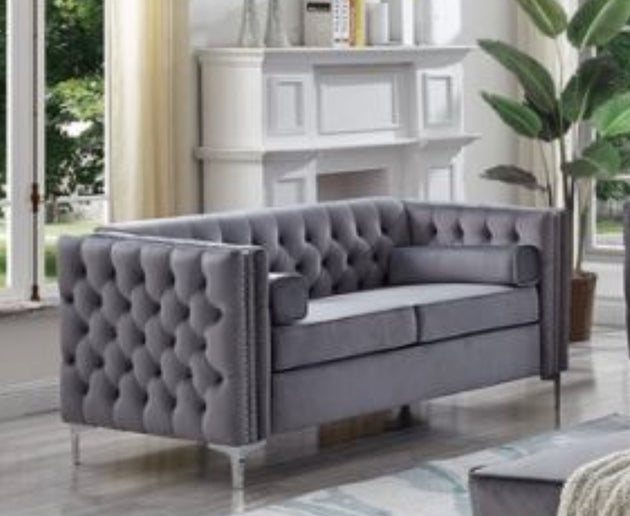 Emma Collection - Velvet Fabric Deep Tufting in Grey - Furniture Depot