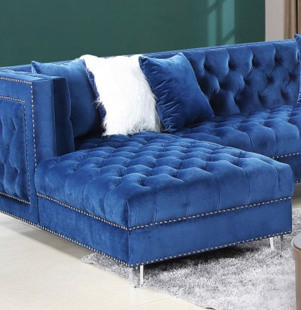 Reginald Double Chaise Blue is Velvet Tufted Sectional - Furniture Depot