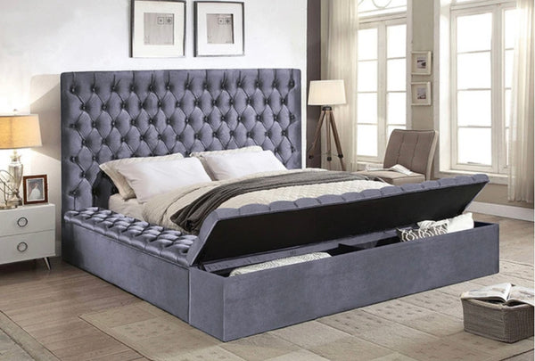 Tiffany Triple Storage Velvet Bed Grey - Furniture Depot