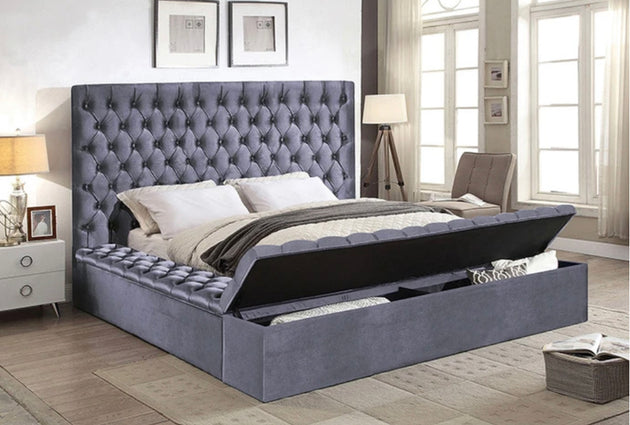 Tiffany Triple Storage Velvet Bed Grey - Furniture Depot