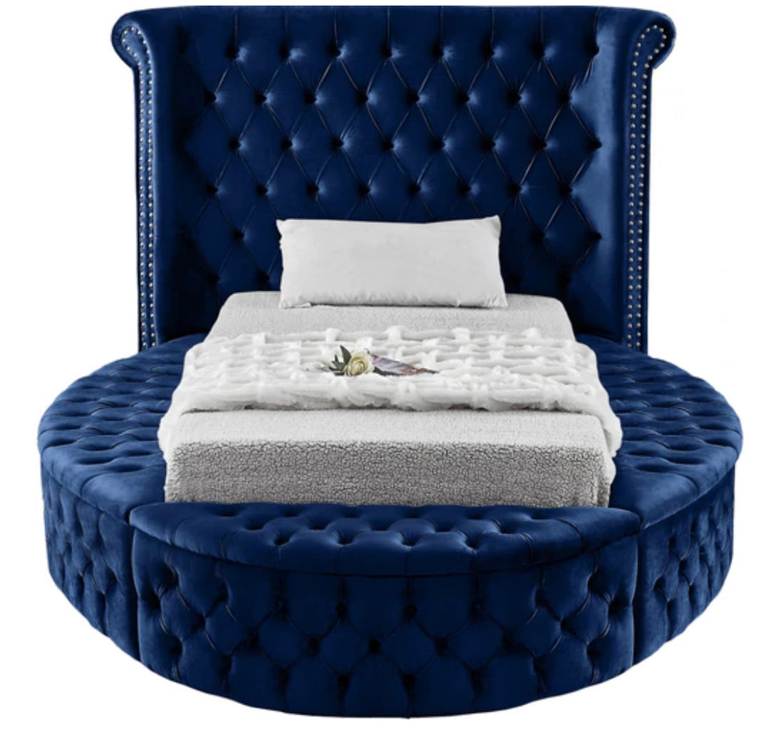 Samantha Blue Velvet Round Storage Bed - Furniture Depot