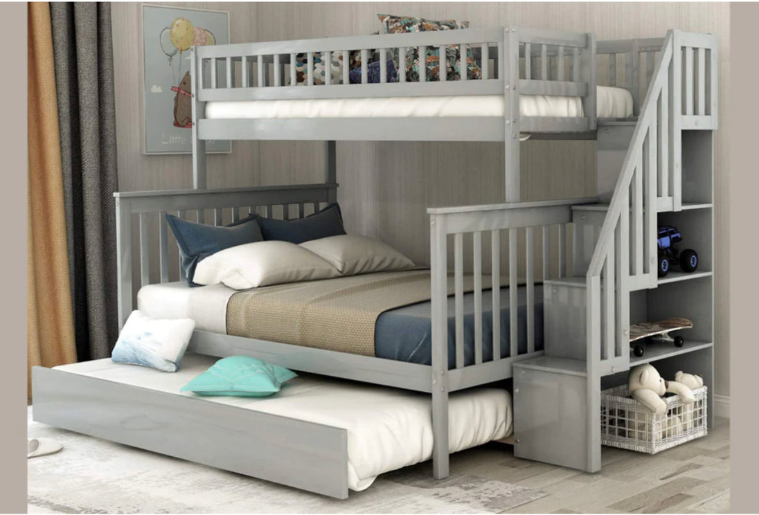 LoLo Grey Bunk Bed w/ Storage Stairs & Pull-Out Trundle - Furniture Depot (7906325758200)