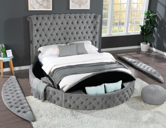 Samantha Grey Velvet Round Storage Bed - Furniture Depot