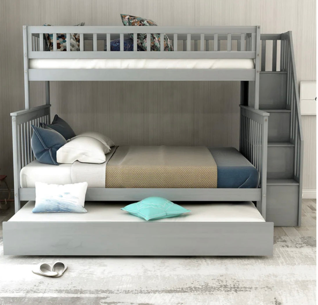 LoLo Grey Bunk Bed w/ Storage Stairs & Pull-Out Trundle - Furniture Depot (7906325758200)