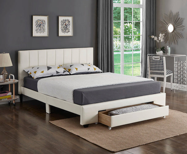 Lennox White PU Platform Bed w/ Storage Drawer - Furniture Depot