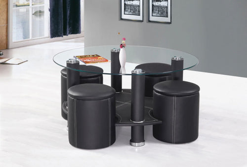 5pcs Glass Coffee Table w/ Black PU Stools 2057 - Furniture Depot