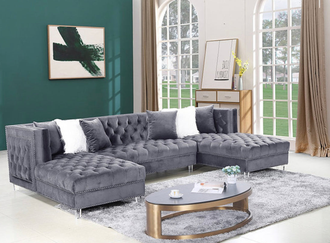 Reginald Double Chaise Grey Velvet Tufted Sectional - Furniture Depot