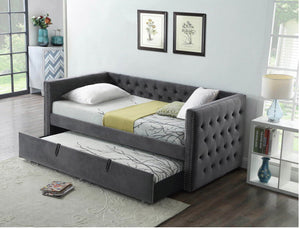 305 Lois Grey Velvet Trundle Bed w/ Pull Out Bed - Furniture Depot