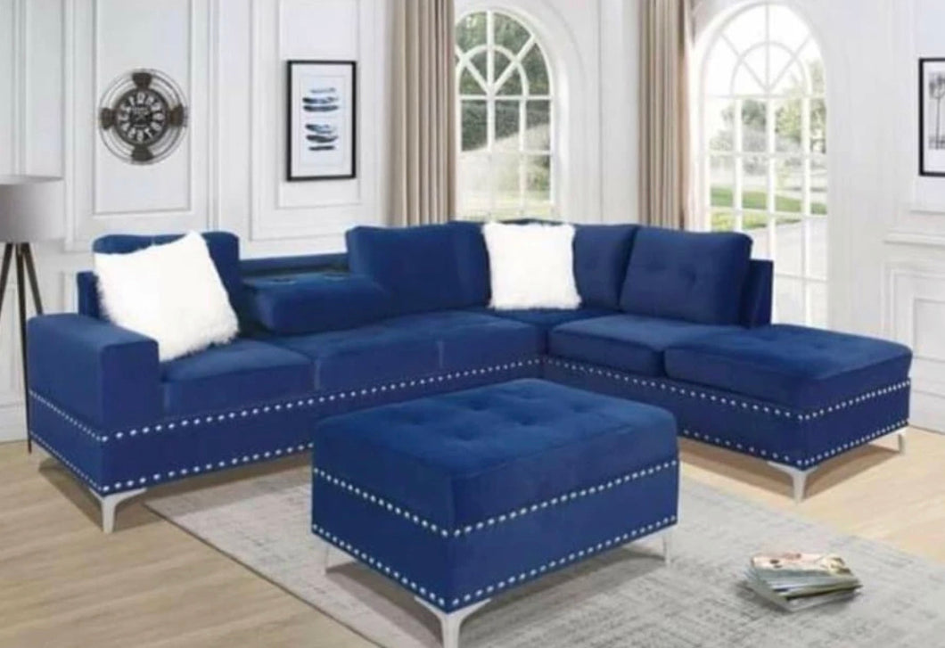 Conroy Sectional with ottoman- Blue Velvet - Furniture Depot