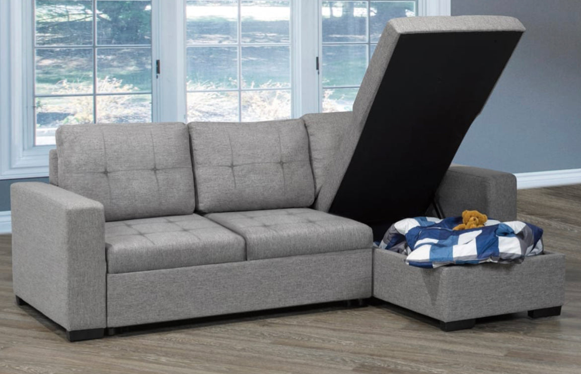 Rae Rae Grey Linen Sofabed Reversible Sectional w/ Storage - Furniture Depot (7905839743224)