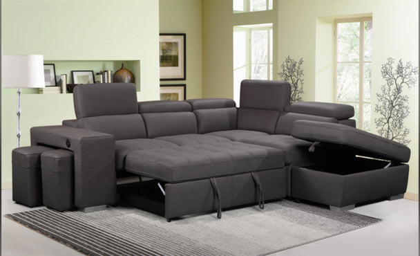 Pasadena Large Sleeper Sectional Sofa Bed with Storage Ottoman and 2 Stools - Furniture Depot