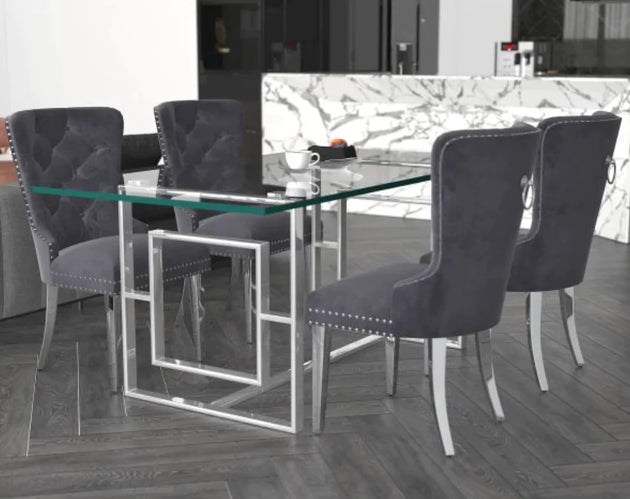 Eros/Hollis 5pc Dining Set in Silver with Grey Chair - Furniture Depot