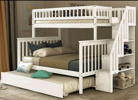 LoLo Off-White Bunk Bed w/ Storage Stairs & Pull-Out Trundle - Furniture Depot (7906326774008)