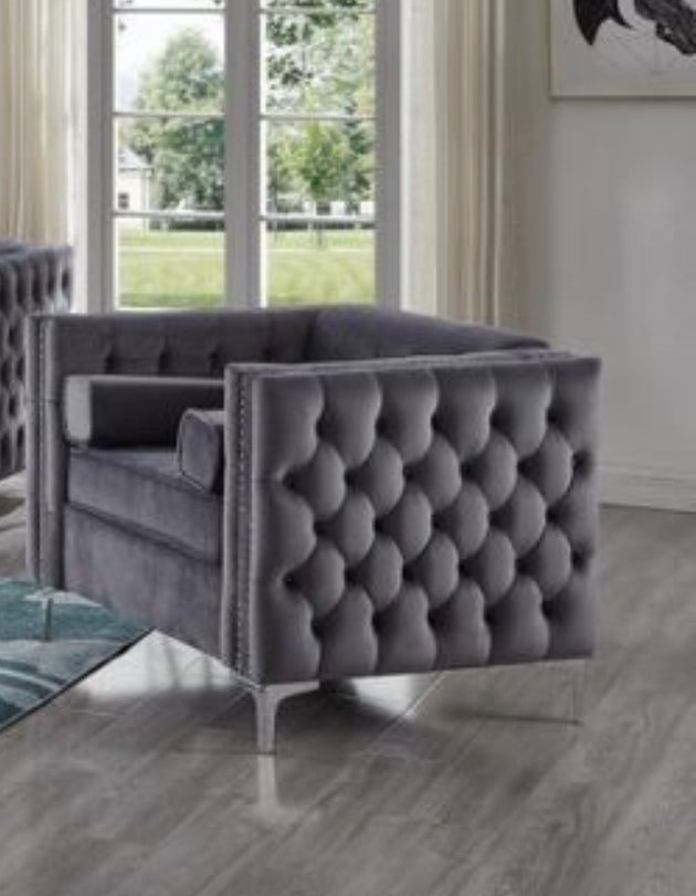 Emma Collection - Velvet Fabric Deep Tufting in Grey - Furniture Depot