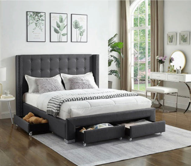5327 Victory Grey Fabric Platform Bed w/ Storage Drawers (Queen/King) - Furniture Depot